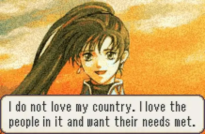 A woman saying: "I do not love my country. I love the people in it and want their needs met."