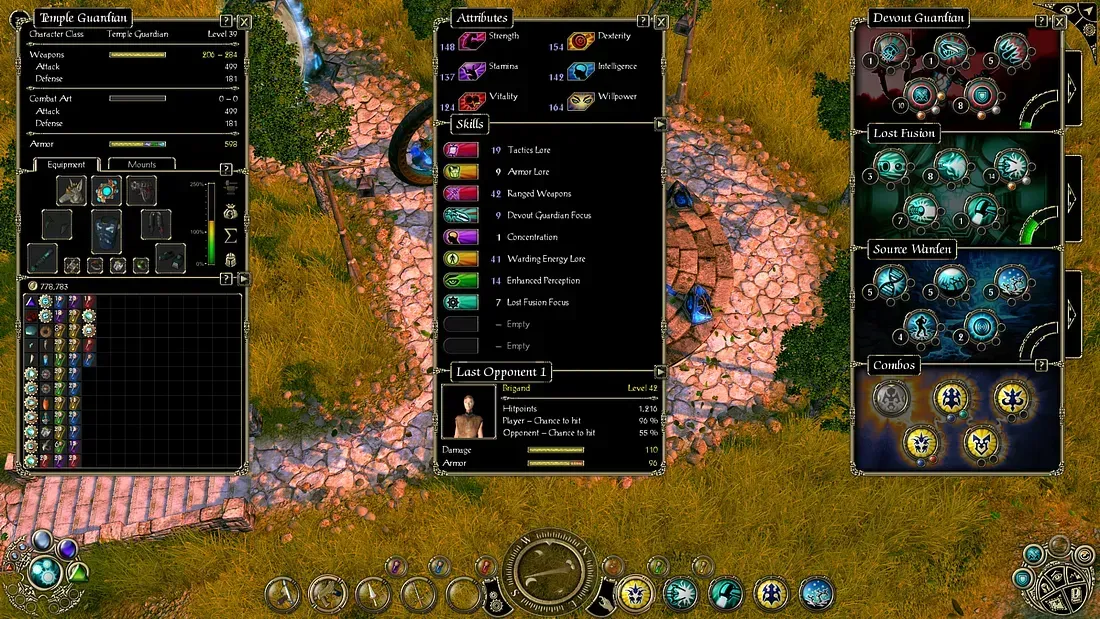 Three in-game windows open: the inventory menu, the attributes and skills menu, and the combat arts menu.