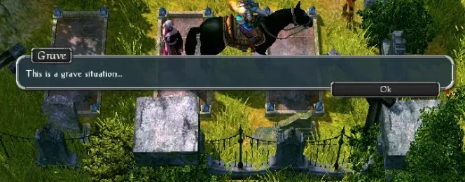 A dialogue box that reads "Grave: This is a grave situation...". The character is interacting with a grave.