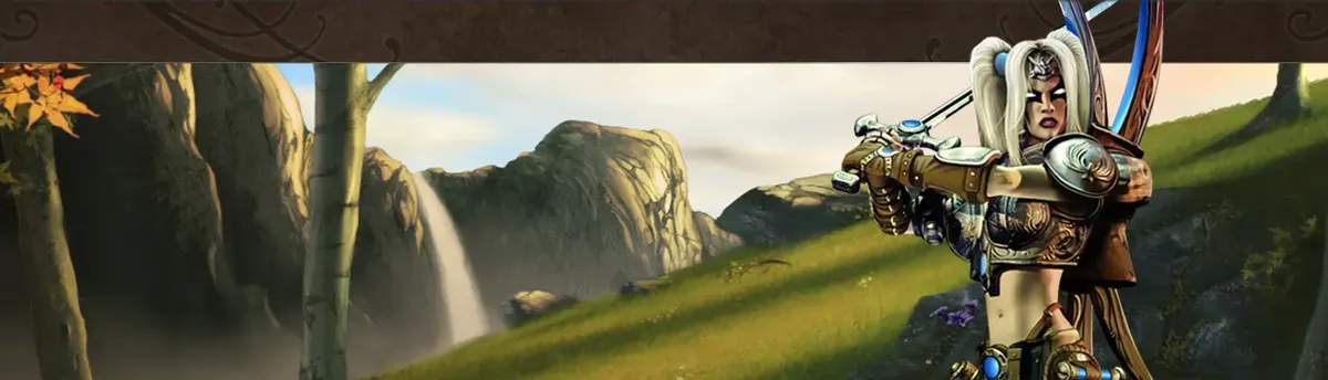 The Seraphim character is on the foreground to the right, and the background is an image of a grassy hill with a waterfall further back.