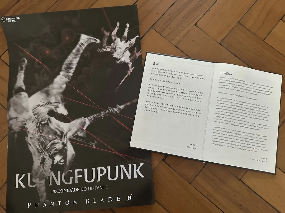 A poster on the left and an open booklet on the right.