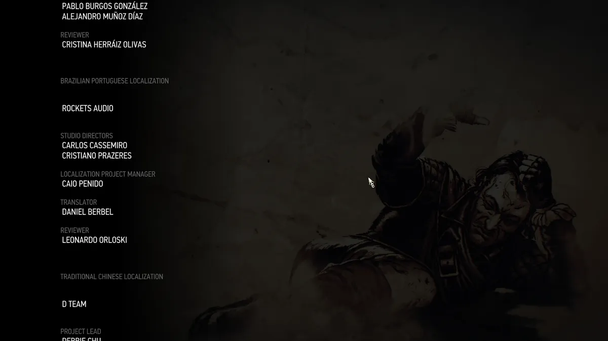 Credits screen from The Witcher 3 Remaster showing the Brazilian translators involved: Caio Penido, Daniel Berbel, and Leonardo Orloski.