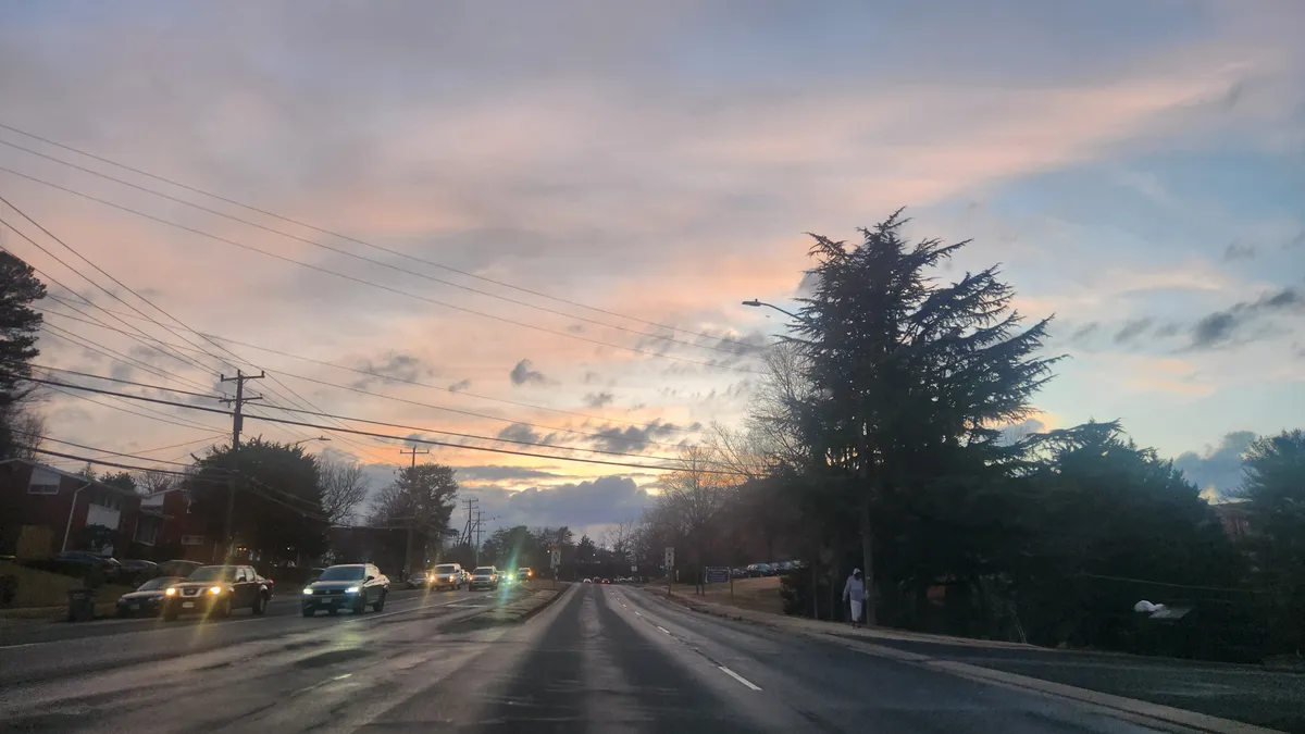Pink grey and blue soft sunset on suburban streets