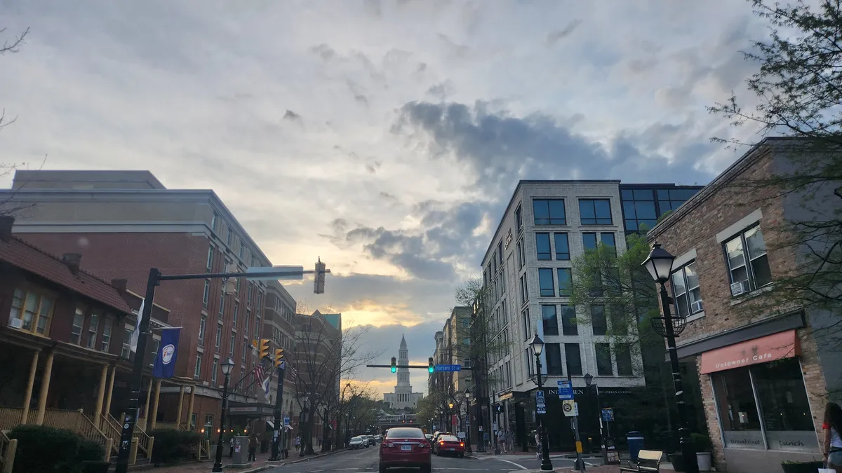 Alexandria Masonic Temple down the street during early sunset