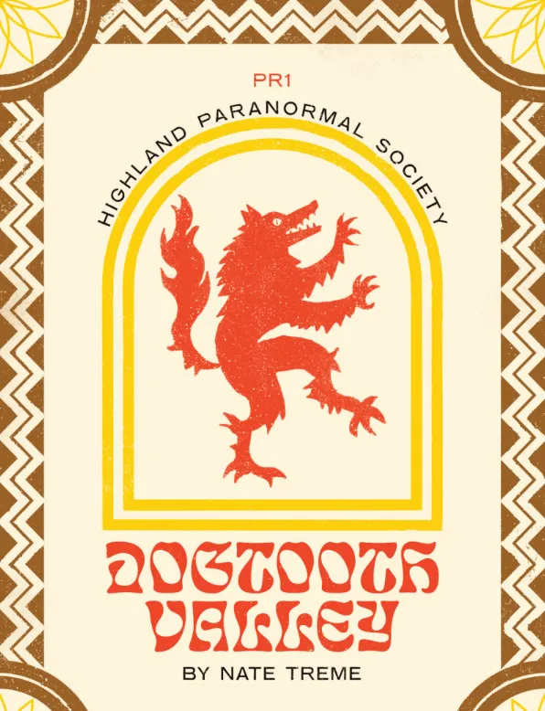 Dogtooth Valley cover: a dog depicted in a stylized fashion, rearing up like a lion rampant