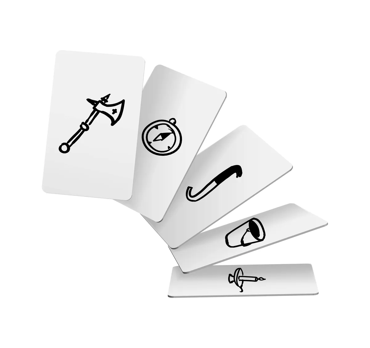 playing cards with different inventory items printed on them