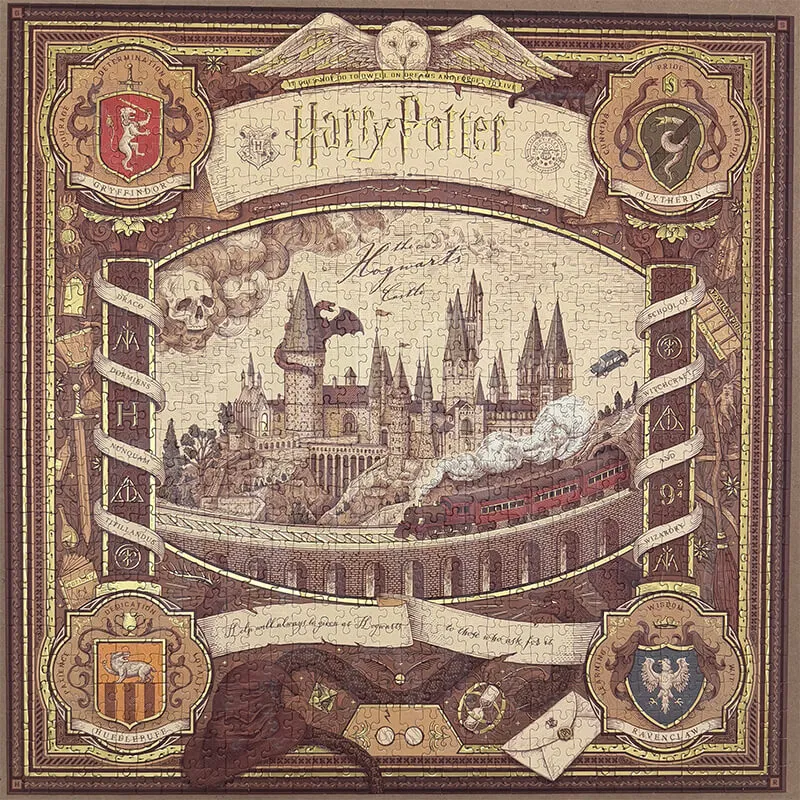 A Harry Potter Jigsaw puzzle with the houses emblems in the four corners and an image of Hogwarts in the middle with other details throughout the puzzle. The puzzle is mostly brown with some splash of colors throughout.