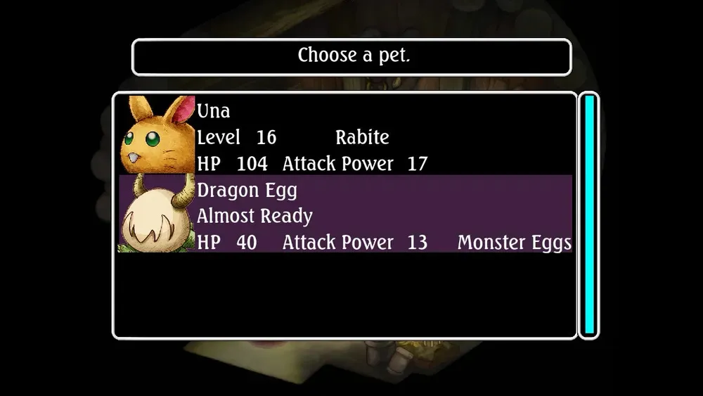 my pets: una (a lv 16 rabite) and a soon-to-hatch dragon egg