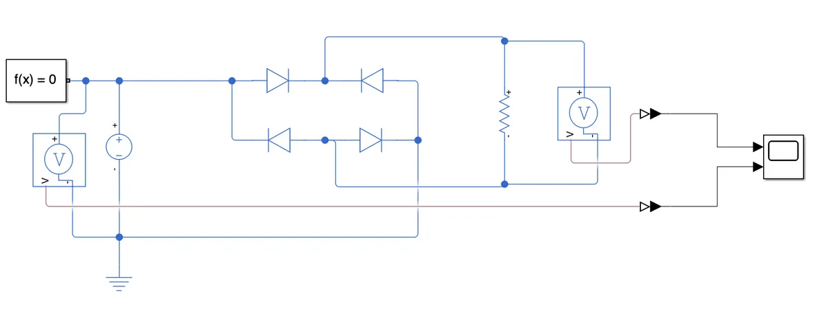A full-wave rectifier design in MATLAB's Simulink.