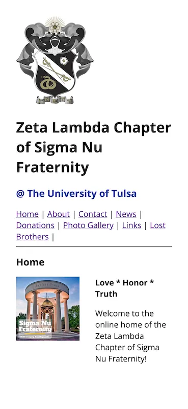 TulsaSigmaNu.com's view on a mobile device, taken using Zen browser's responsive mode