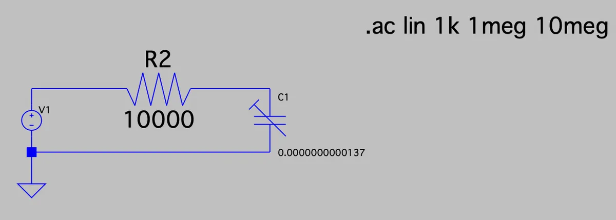 An RC low-pass filter design seen in LTSpice.