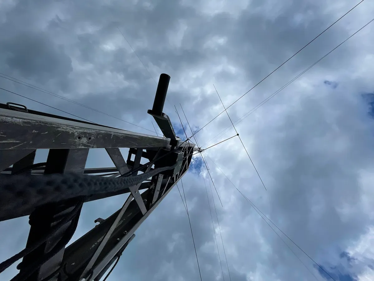 A 3-element Yagi-Uda antenna atop a 50 ft. AB-577 tower, as seen looking up from the tower’s base.