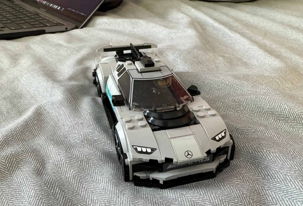 Mercedes-AWG Project One LEGO completed, as seen from the top-down at a slight angle towards the right