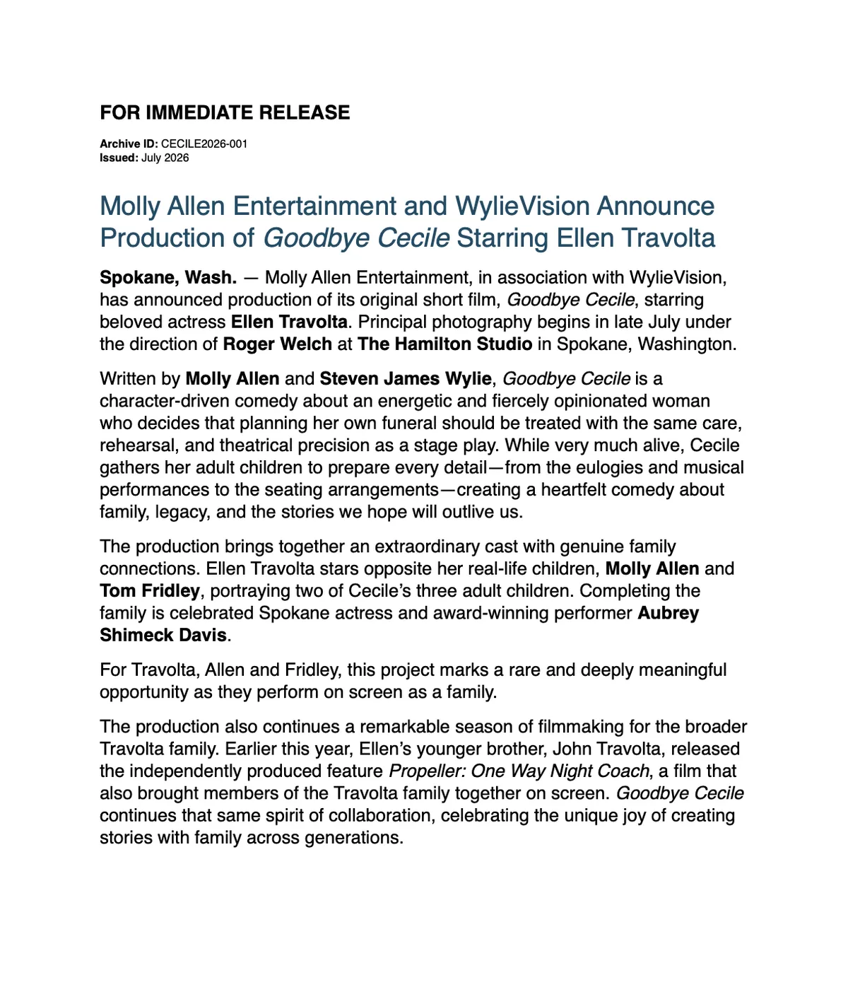 Goodbye Cecile Press Release