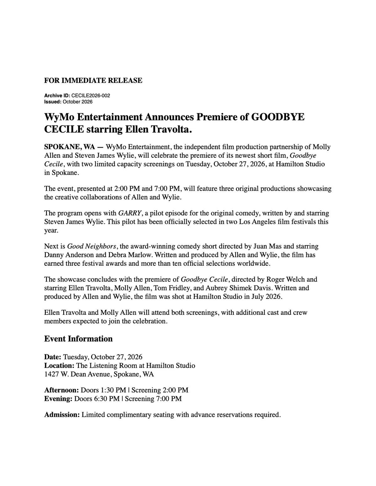 CECILE Premier Press Release