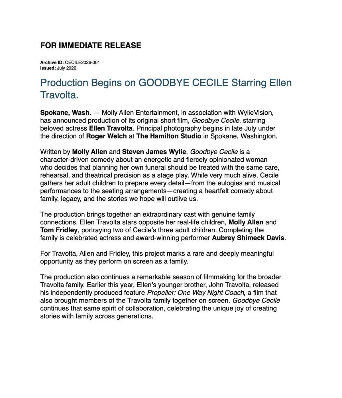 Goodbye Cecile Press Release