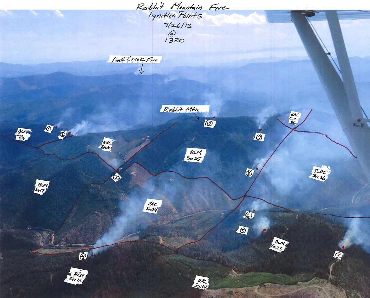 A photo of multiple fires burning in the Rabbit Mountains from a fire tower, overlaid with a hand-drawn grid and annotations pointing out ignition points and what land belongs to whom. It's labeled "Rabbit Mountain Fire, Ignition Points, 7/26/13 @ 1330
and is from the Oregon Department of Forestry