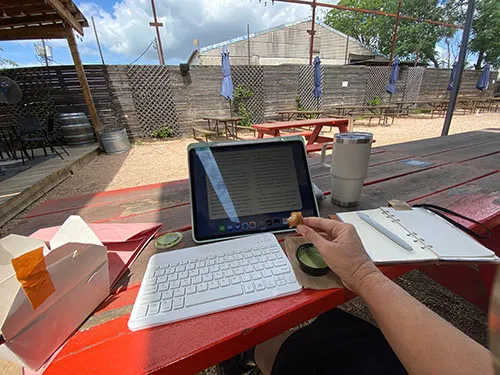 An picnic table with an Ipad, keyboard, journal, and Chicken Nugget Box. A hand is holding a piece of chicken. Ipad screen shows an ebook app.