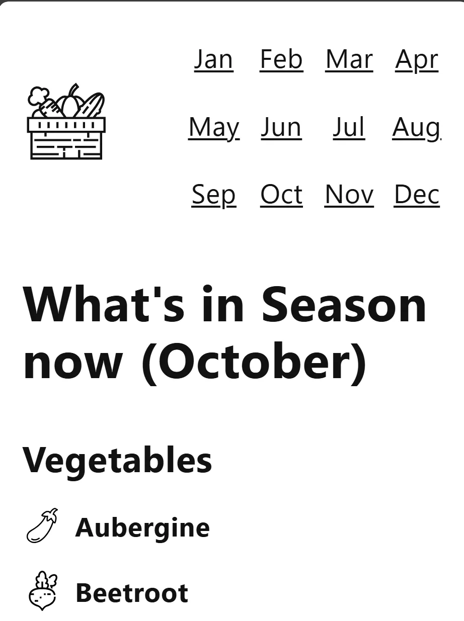 Seasonal.today's mobile styling with a grid-like navigation for its months on the top right, with a page title below and the start of their vegetable list.