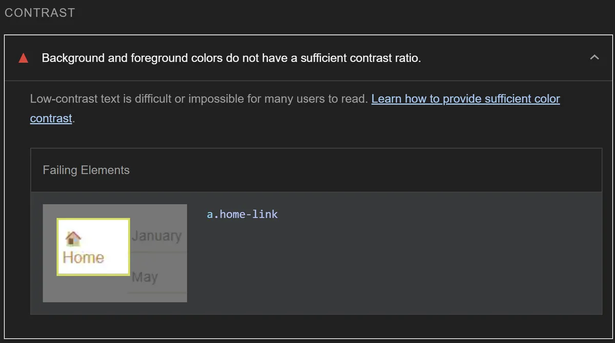A warning around my home link showing "Background and foreground colors do not have a sufficient contrast ratio"