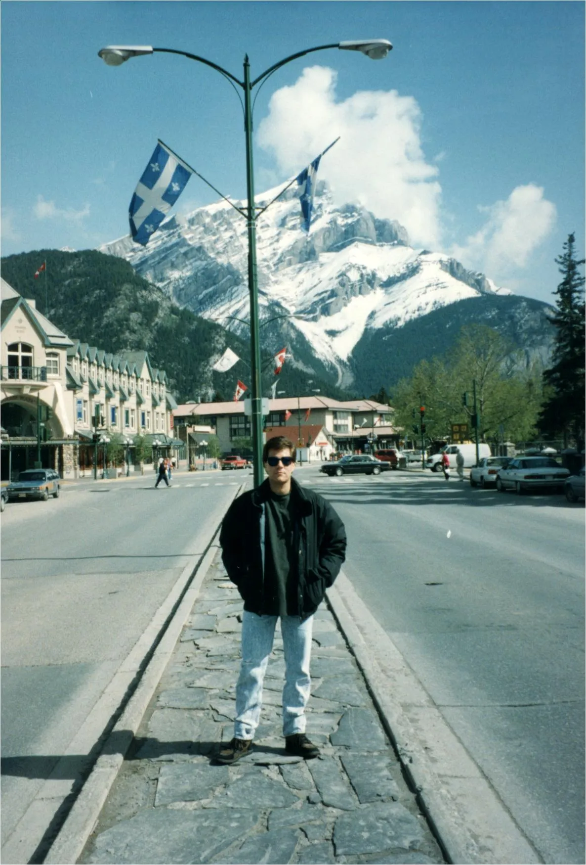 Near the corner of Banff Avenue and Wolf Street, looking north at Cascade Mountain in Banff, AB