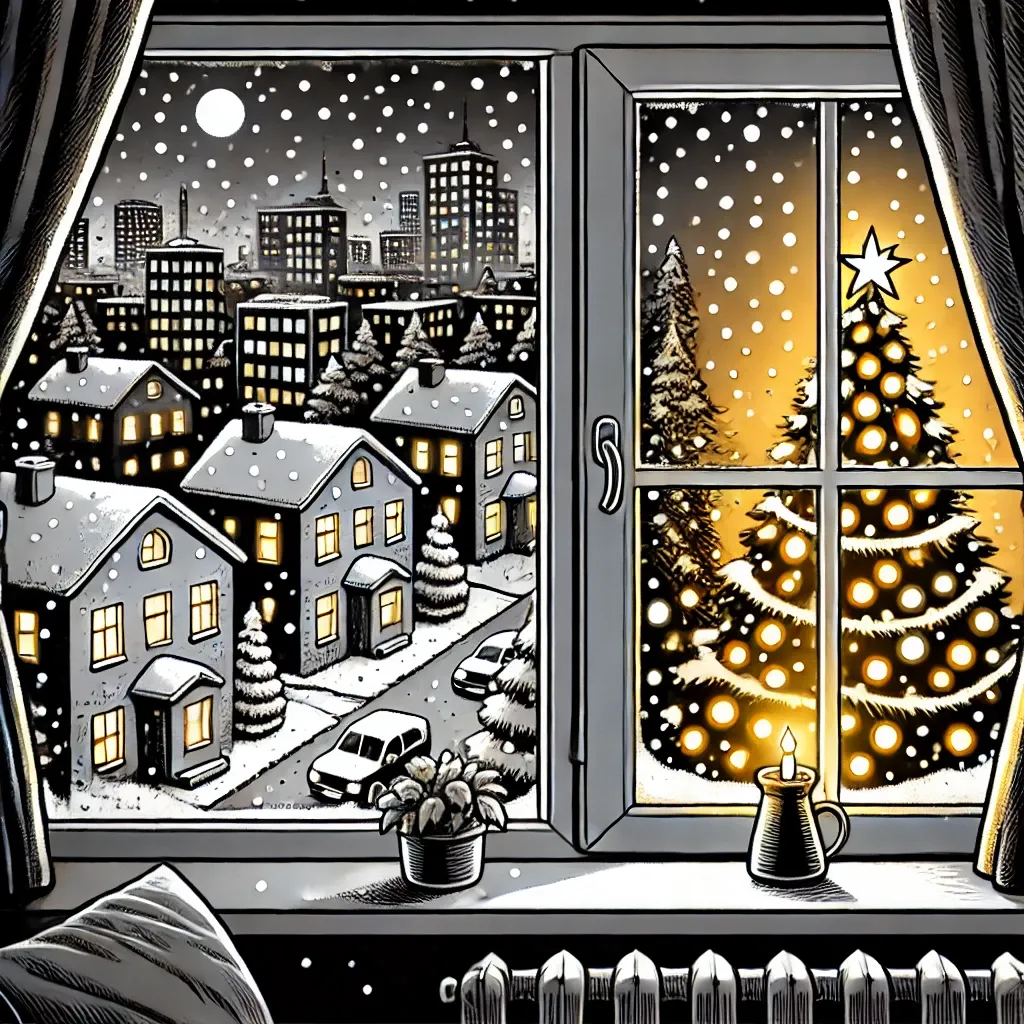 A cozy, peaceful winter scene through a window with lights glowing warmly against a black-and-white cityscape