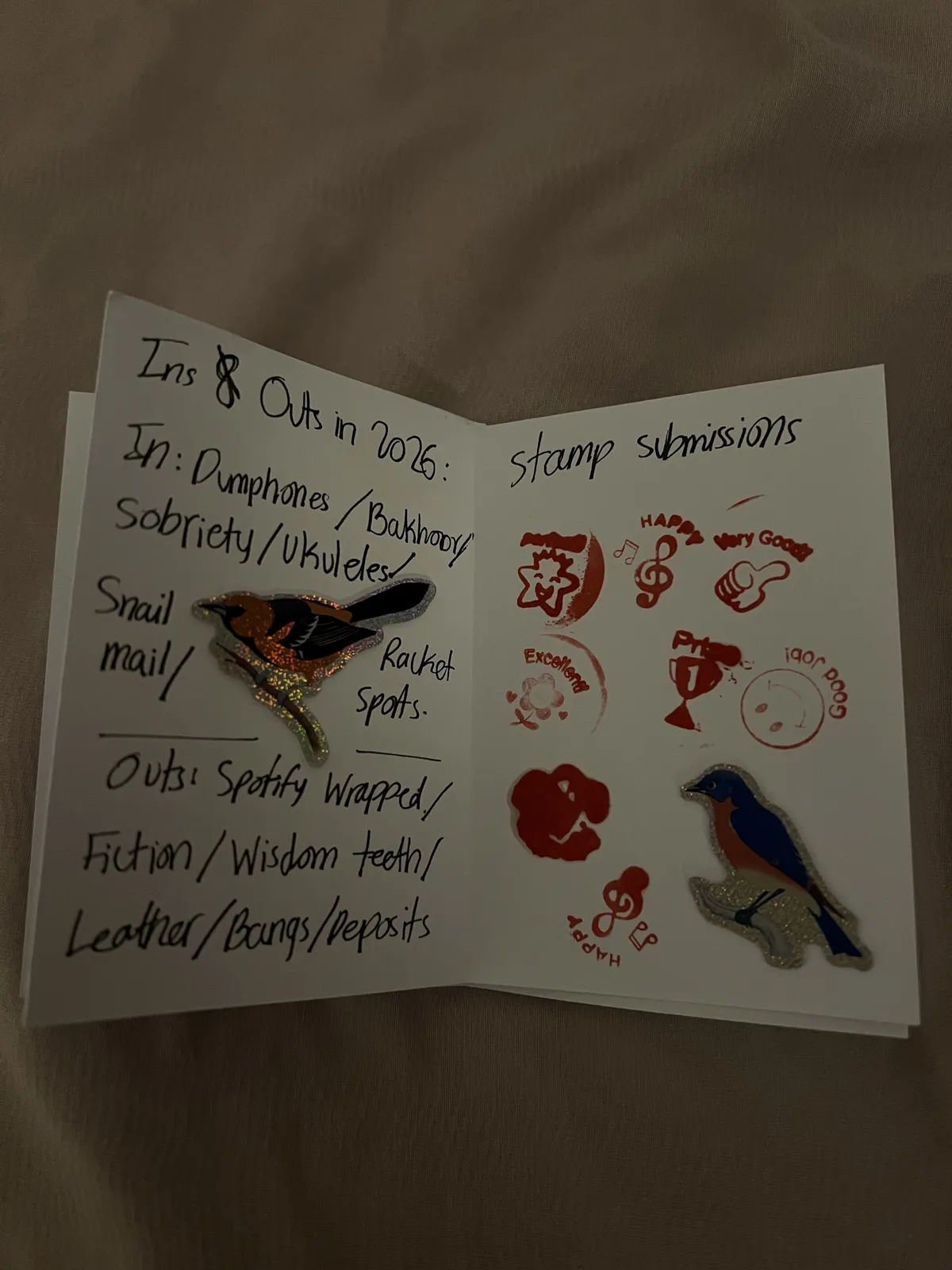 Excerpt from my first and only zine showing my Ins and Outs for 2026 and my stamp collection