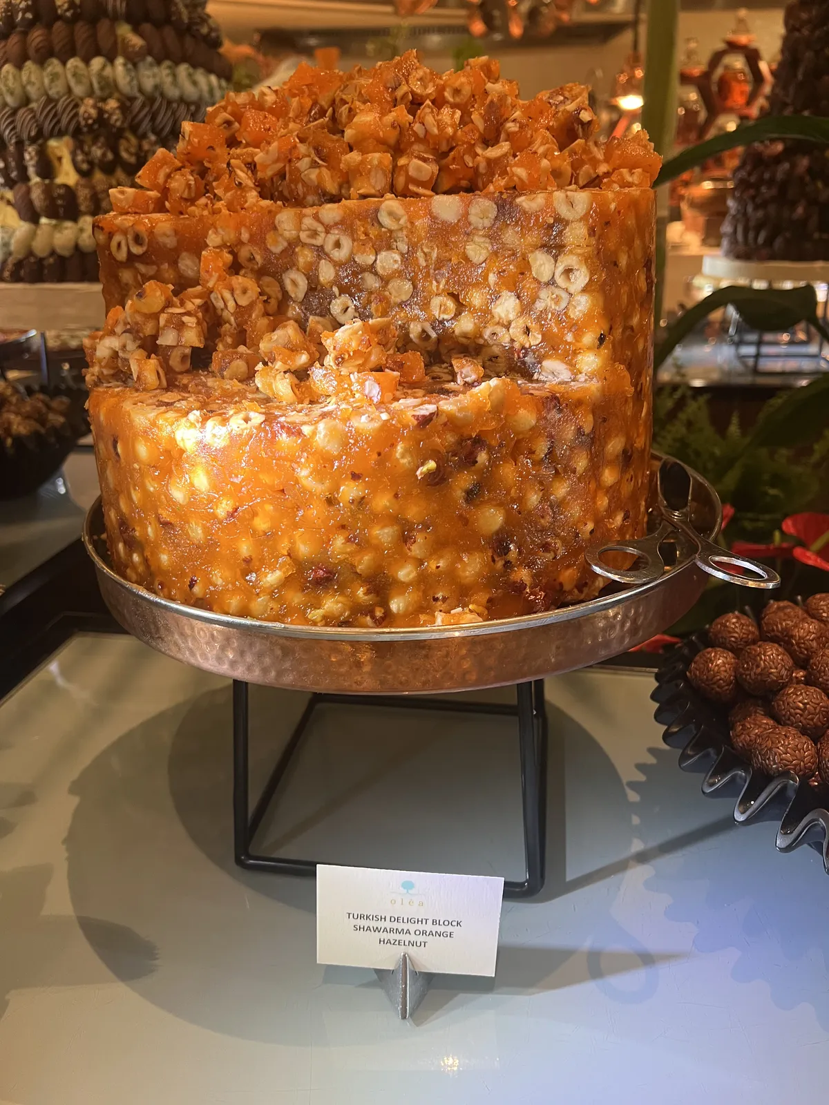 Buffet item with the label: Turkish delight block shawarma orange hazelnut