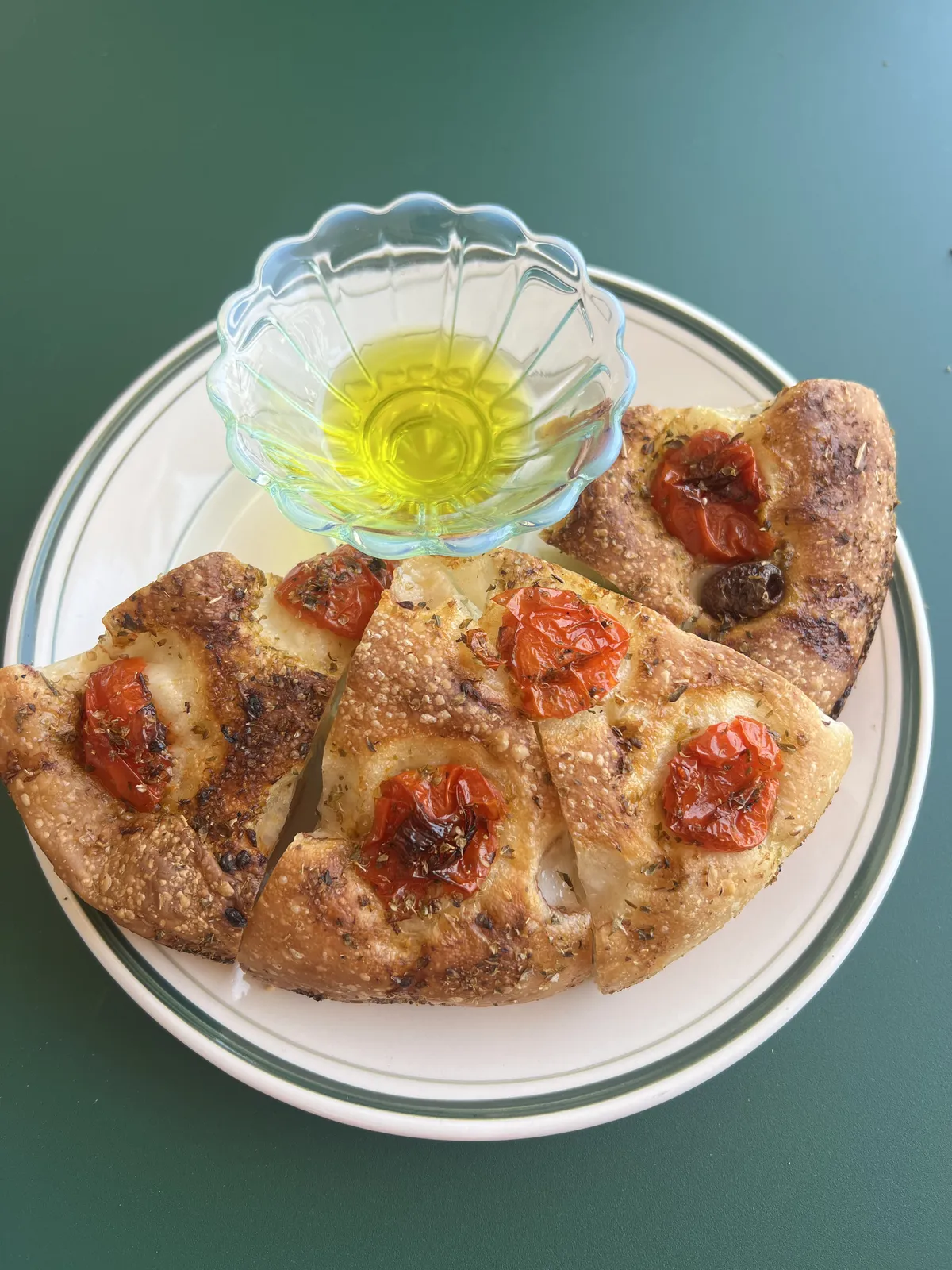 Stuffed focaccia and olive oil for dipping