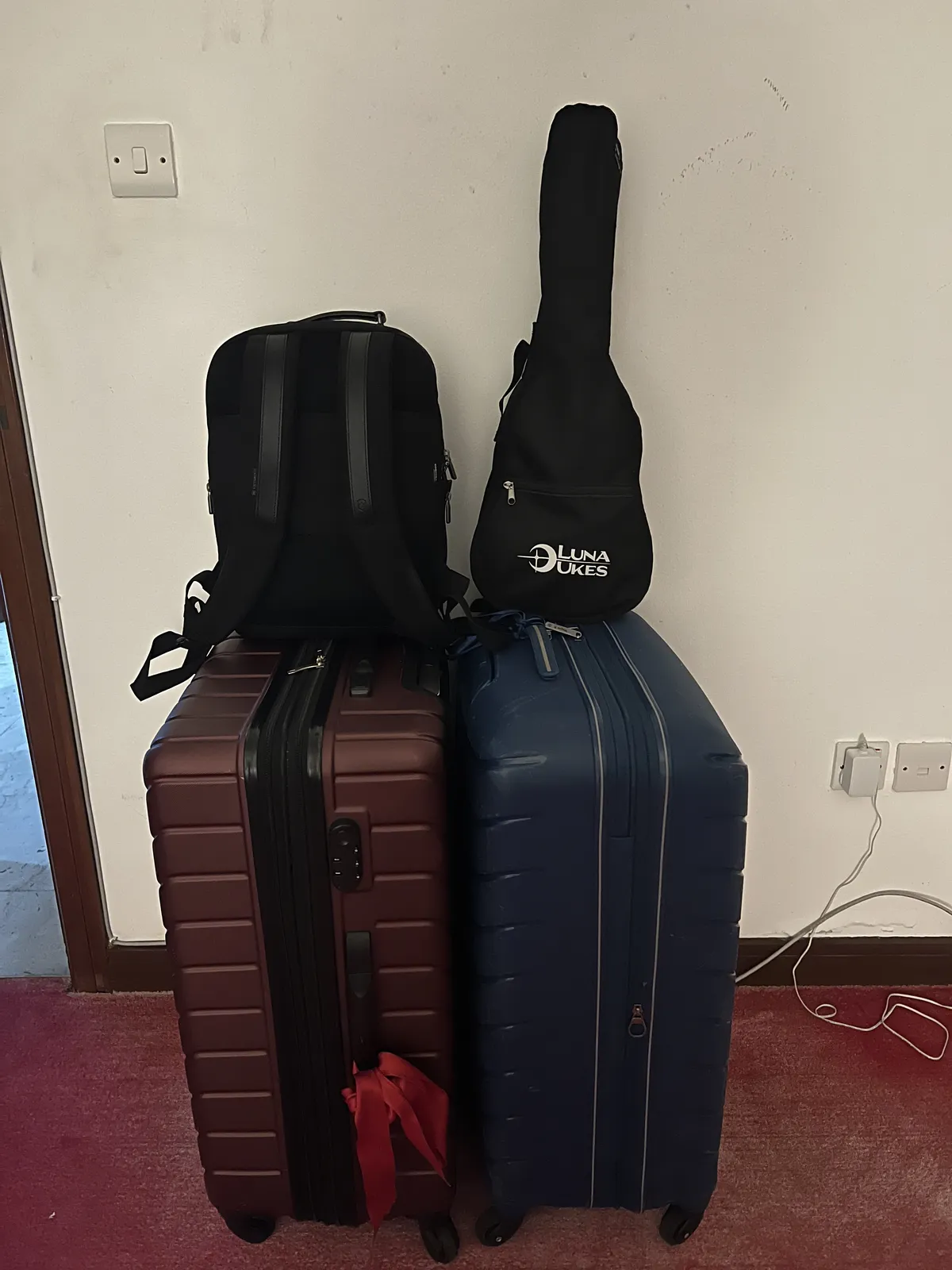 Two suitcases, a ukulele case and a Victorinox backpack