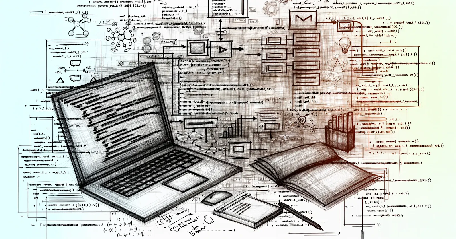 image: gpt generated image showing laptop and other items on a desk with background of random algorithms and diagrams around