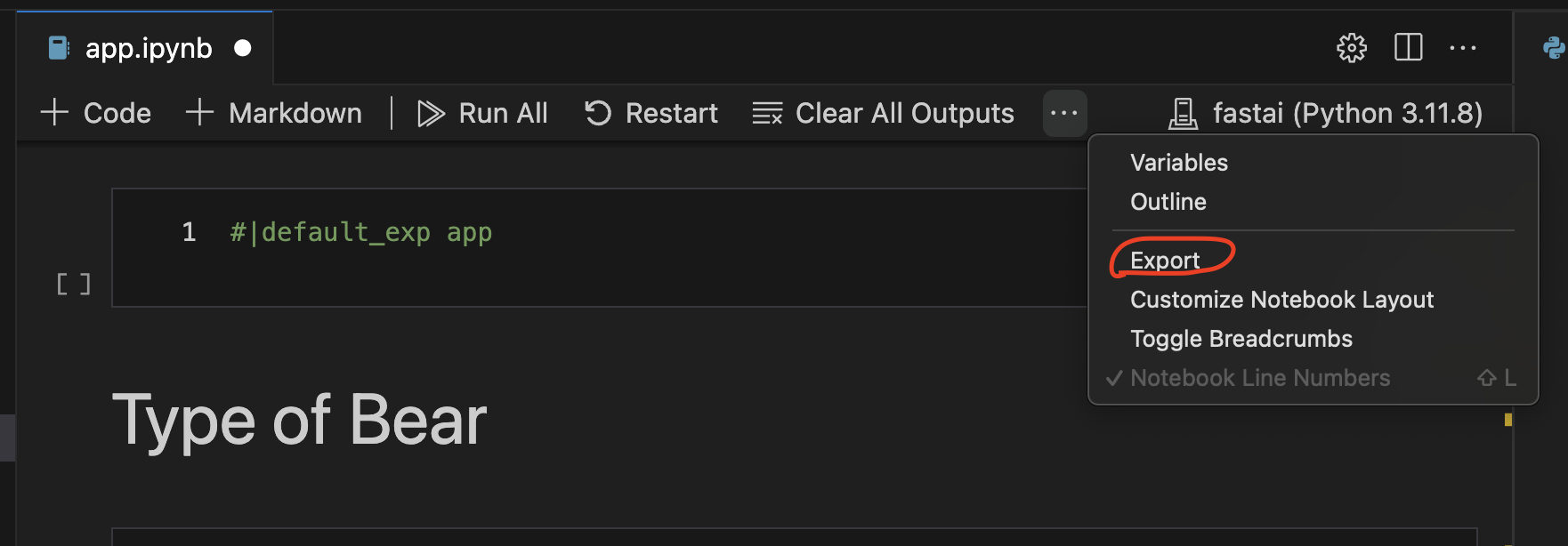 image: screenshot of vs code showing how to export Jupyter notebook to python app