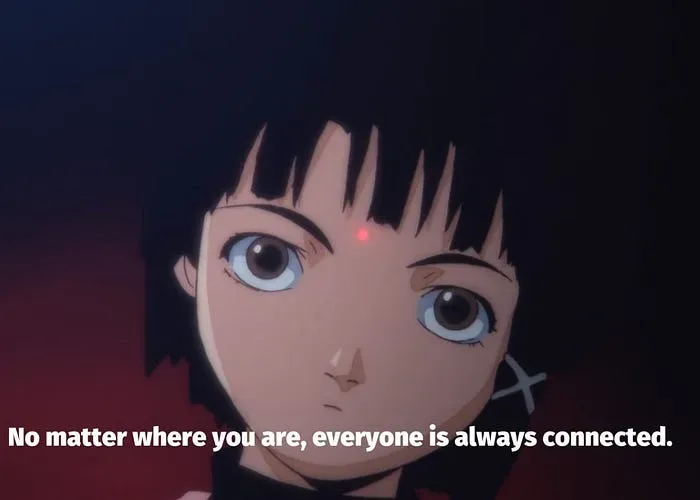 image-of-lain: laser sight on her head and a quote "No matter where you are, everyone is always connected"