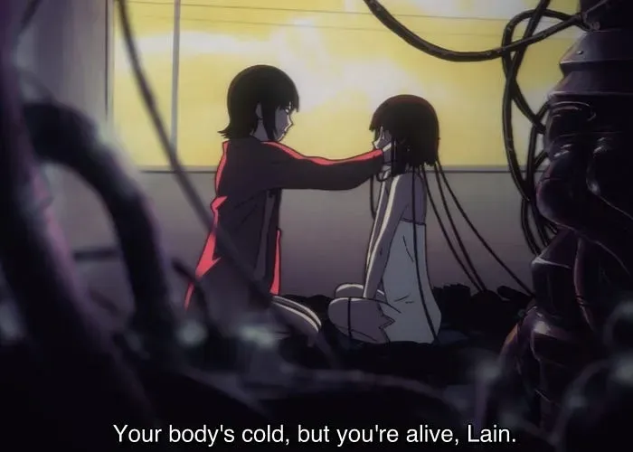arisu-touching-lains-face, her speech: Your body's cold, but you're alive, Lain