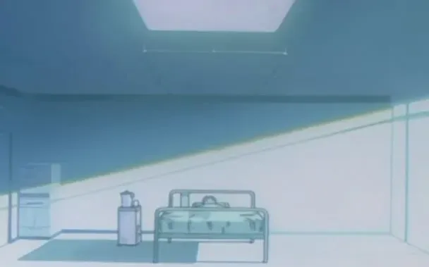 a teenager in a hospital bed, bathed in blue-white light